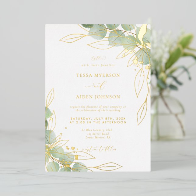 Elegant Eucalyptus Wedding Gold Foil Invitation (Standing Front)
