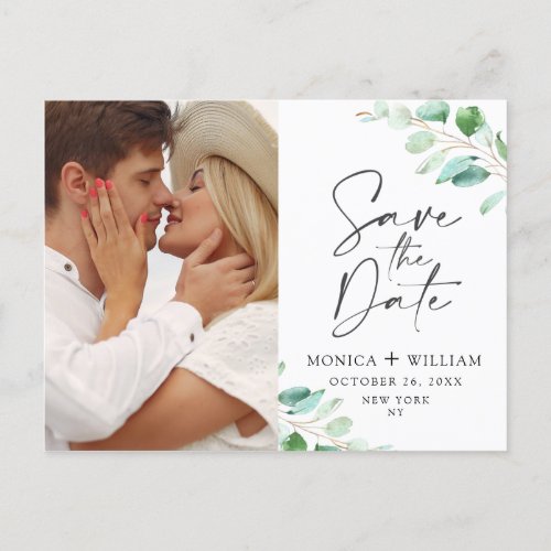 Elegant Eucalyptus Wedding Photo Save The Date Announcement Postcard