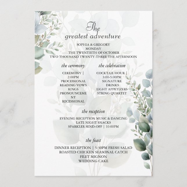 Elegant Eucalyptus Wedding Program Itinerary Cards (Front)