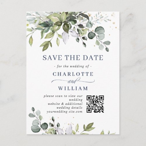 Elegant Eucalyptus Wedding Save the Date QR code Postcard