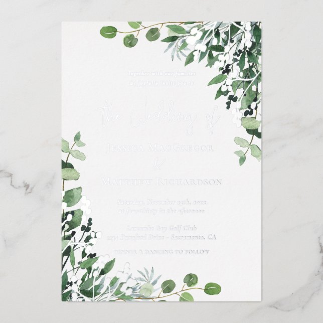Elegant Eucalyptus Wedding Silver Foil Invitation (Front)