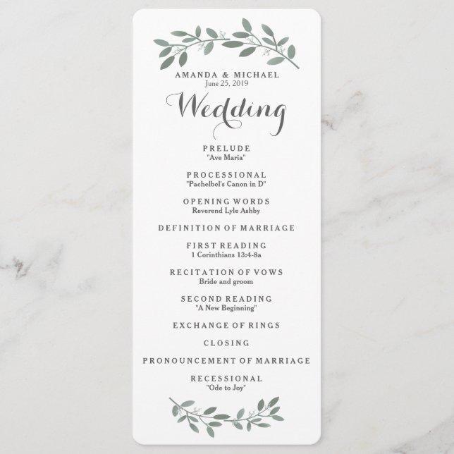 Elegant Eucalyptus Wedding Suite Program Card (Front)