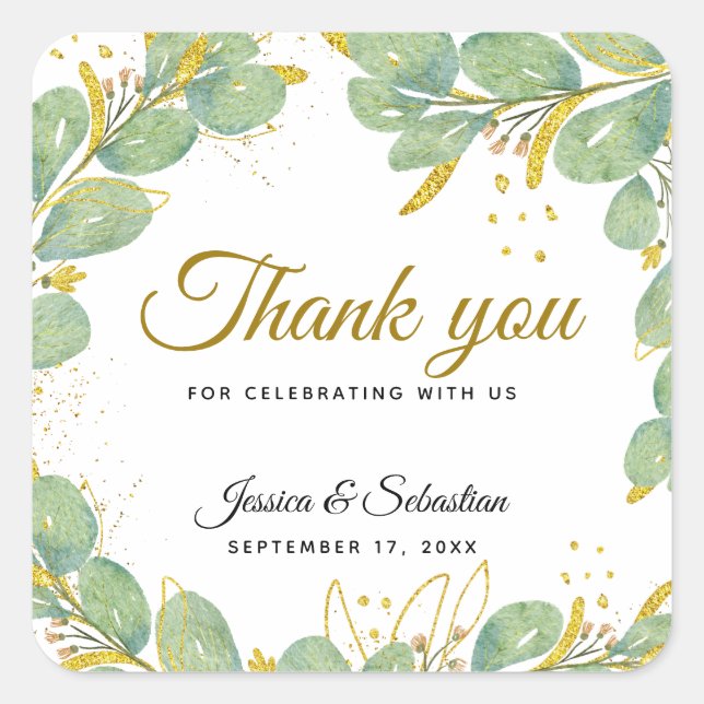Elegant Eucalyptus Wedding Thank You Favors Square Sticker (Front)
