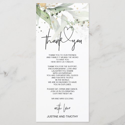 Elegant Eucalyptus Wedding Thank You Table Setting Menu