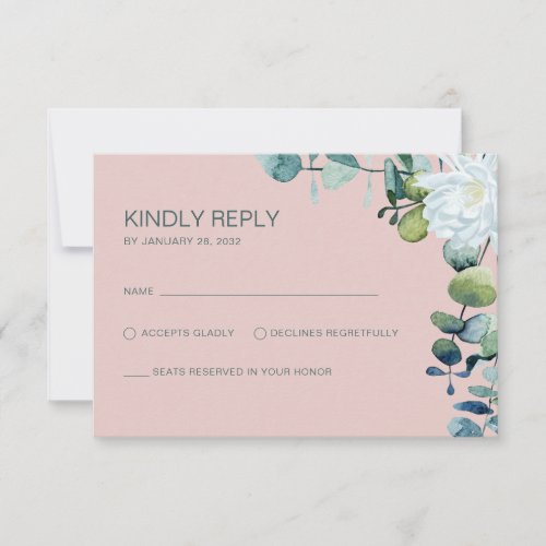 Elegant eucalyptus  white flowers chic wedding RSVP card