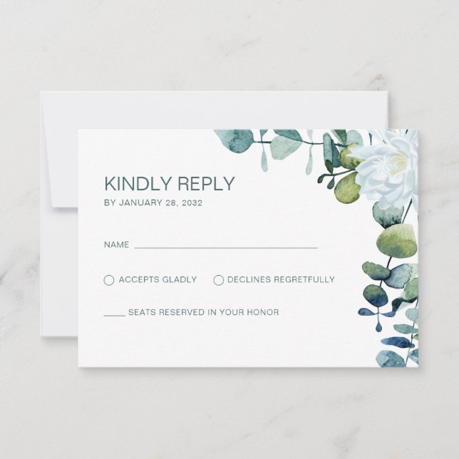 Elegant eucalyptus  white flowers chic wedding RSVP card (Front)