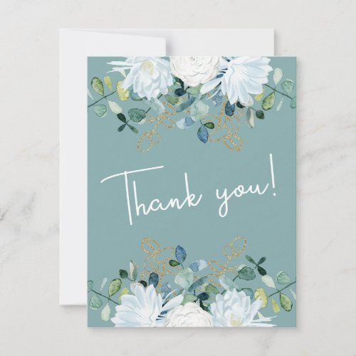 Elegant eucalyptus white flowers photo wedding thank you card