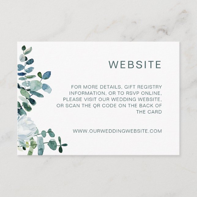 Elegant eucalyptus & white flowers QR Code website Enclosure Card (Front)
