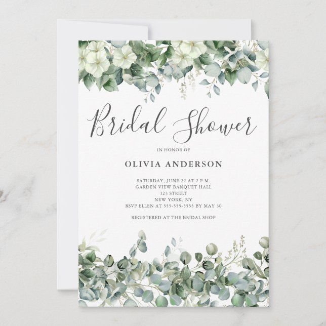 Elegant Eucalyptus White Foral Bridal Shower Invitation (Front)