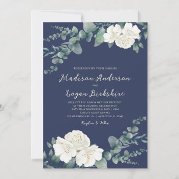 Elegant Eucalyptus White Peony Navy Blue Wedding Invitation by ModernMatrimony at Zazzle