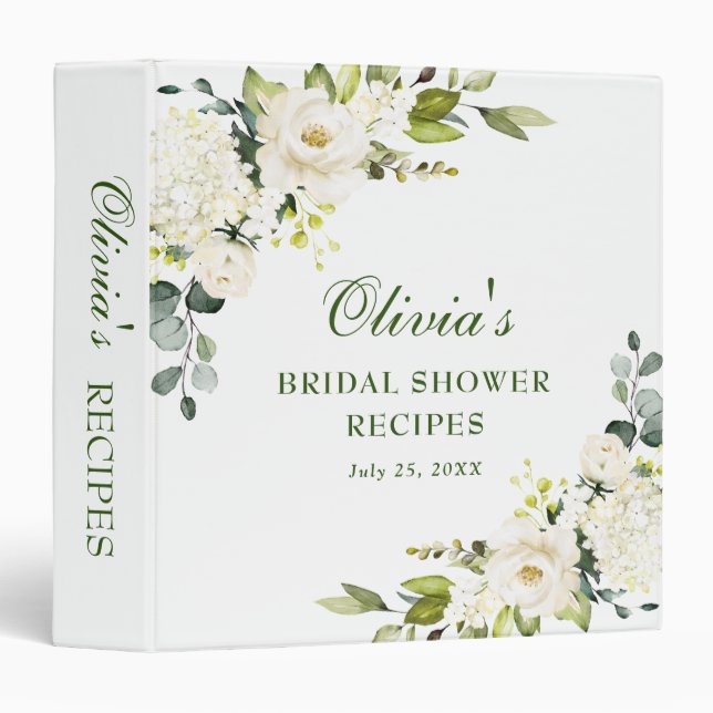 Elegant Eucalyptus White Rose Bridal Shower Recipe 3 Ring Binder (Front/Spine)