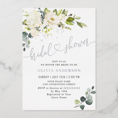 Elegant Eucalyptus White Rose Bridal Shower Silver Foil Invitation