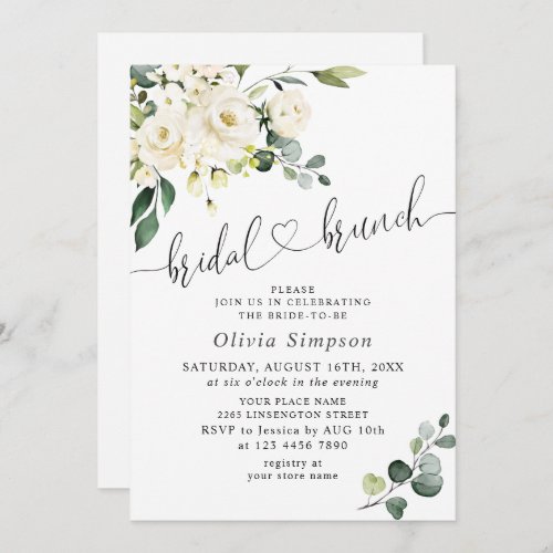 Elegant Eucalyptus White Roses Bridal Brunch Invitation