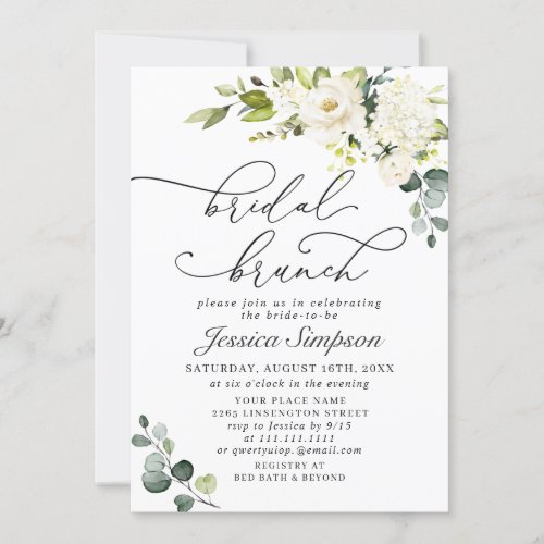 Elegant Eucalyptus White Roses Bridal Brunch Invitation