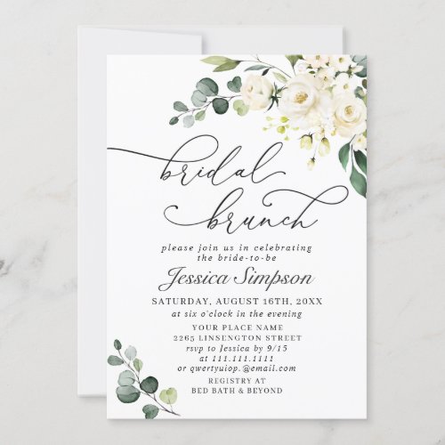 Elegant Eucalyptus White Roses Bridal Brunch Invitation