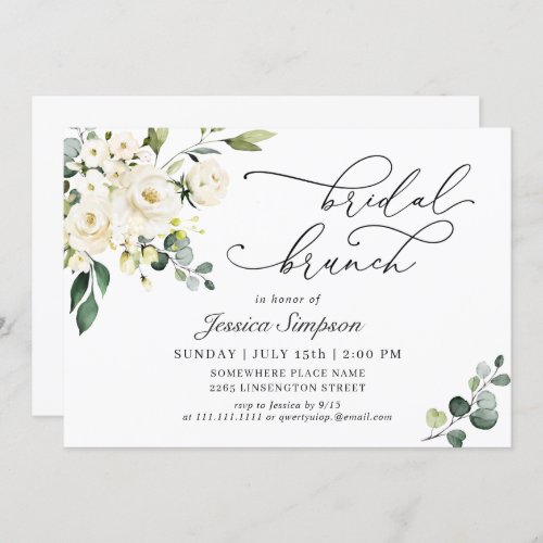 Elegant Eucalyptus White Roses Bridal Brunch Invitation