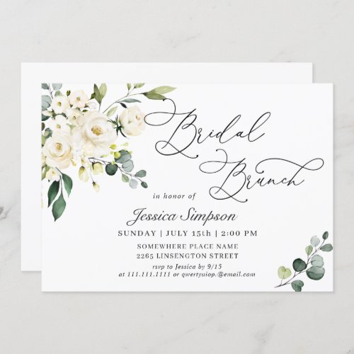 Elegant Eucalyptus White Roses Bridal Brunch Invitation