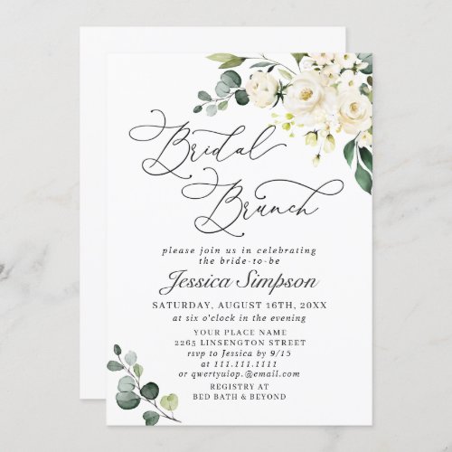 Elegant Eucalyptus White Roses Bridal Brunch Invitation