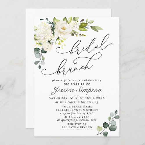 Elegant Eucalyptus White Roses Bridal Brunch Invitation