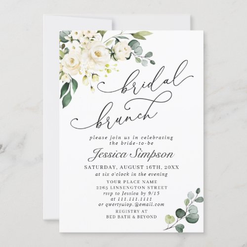 Elegant Eucalyptus White Roses Bridal Brunch Invitation