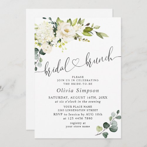 Elegant Eucalyptus White Roses Bridal Brunch Invitation