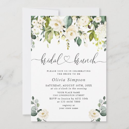 Elegant Eucalyptus White Roses Bridal Brunch Invitation