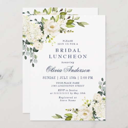 Elegant Eucalyptus White Roses BRIDAL LUNCHEON Invitation