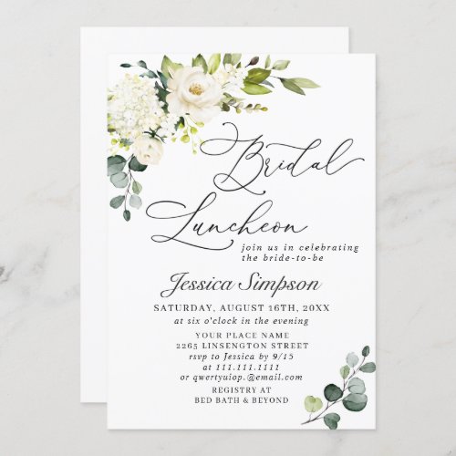 Elegant Eucalyptus White Roses Bridal Luncheon Invitation