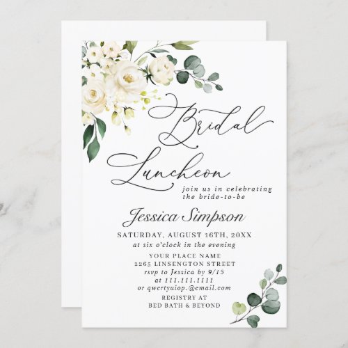 Elegant Eucalyptus White Roses Bridal Luncheon Invitation