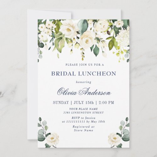 Elegant Eucalyptus White Roses BRIDAL LUNCHEON Invitation