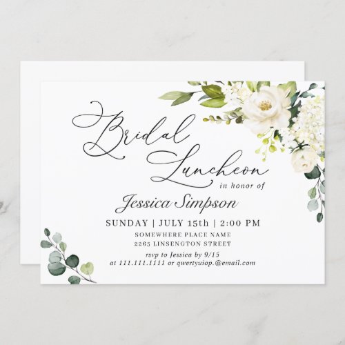 Elegant Eucalyptus White Roses Bridal Luncheon Invitation