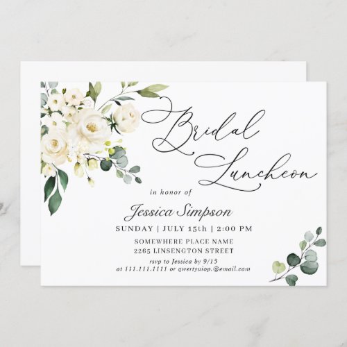 Elegant Eucalyptus White Roses Bridal Luncheon Invitation