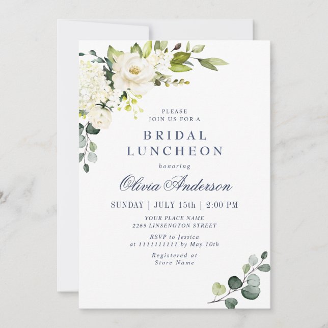 Elegant Eucalyptus White Roses BRIDAL LUNCHEON Invitation (Front)