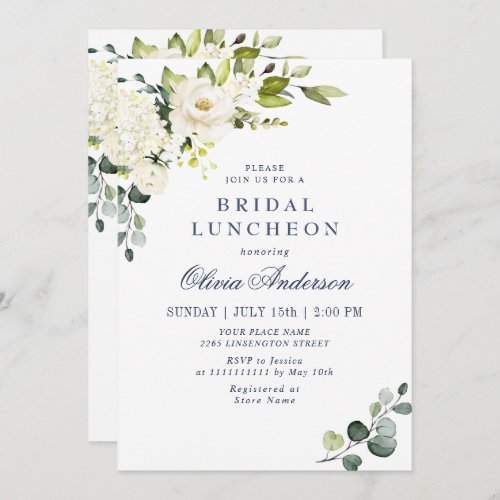 Elegant Eucalyptus White Roses BRIDAL LUNCHEON Invitation