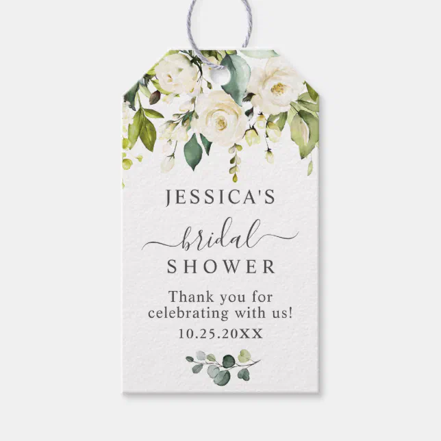 Elegant Eucalyptus White Roses Bridal Shower Favor Gift Tags | Zazzle