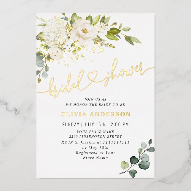 Elegant Eucalyptus White Roses Bridal Shower Gold Foil Invitation (Front)