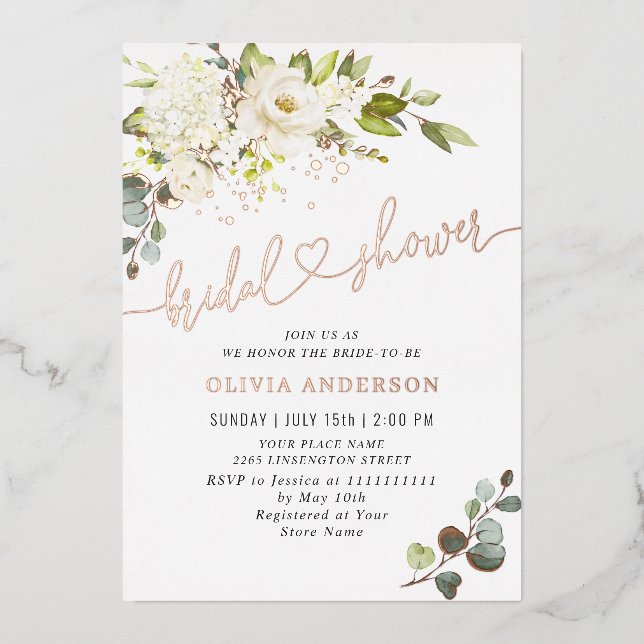Elegant Eucalyptus White Roses Bridal Shower Gold Foil Invitation (Front)