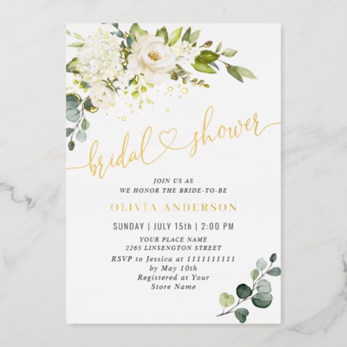 Elegant Eucalyptus White Roses Bridal Shower Gold Foil Invitation