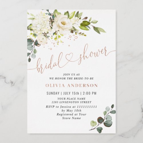 Elegant Eucalyptus White Roses Bridal Shower Gold Foil Invitation