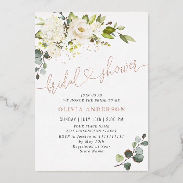 Elegant Eucalyptus White Roses Bridal Shower Gold Foil Invitation (Front)