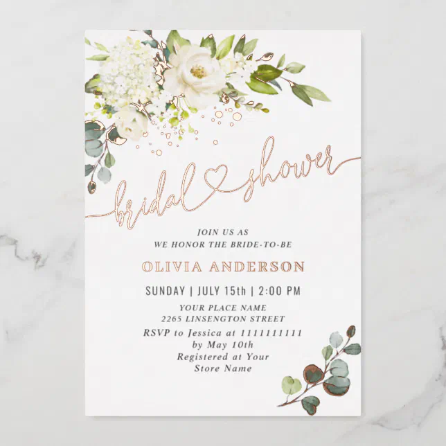 Elegant Eucalyptus White Roses Bridal Shower Gold Foil Invitation | Zazzle