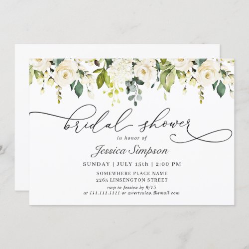 Elegant Eucalyptus White Roses Bridal Shower Invitation