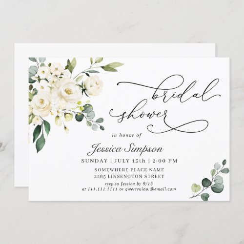 Elegant Eucalyptus White Roses Bridal Shower Invitation