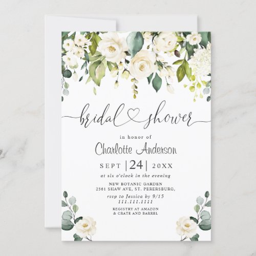 Elegant Eucalyptus White Roses Bridal  Shower Invitation