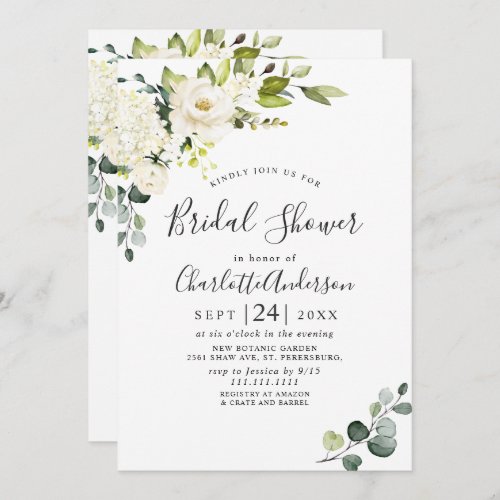Elegant Eucalyptus White Roses Bridal Shower Invitation