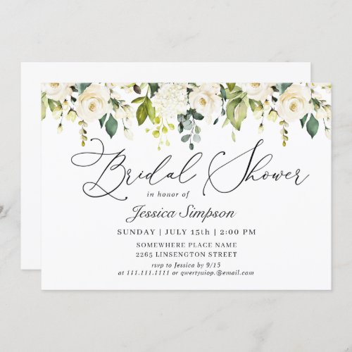 Elegant Eucalyptus White Roses Bridal Shower Invitation