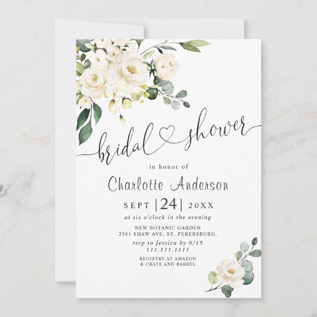 Elegant Eucalyptus White Roses Bridal  Shower Invitation (Front)