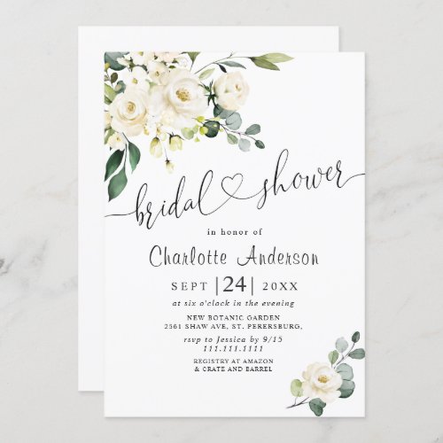 Elegant Eucalyptus White Roses Bridal  Shower Invitation