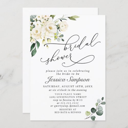 Elegant Eucalyptus White Roses Bridal Shower Invitation