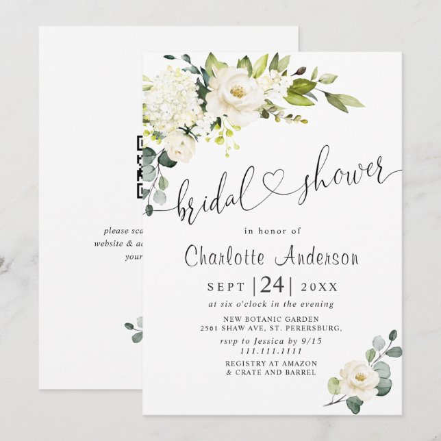Elegant Eucalyptus White Roses Bridal Shower Invitation (Front/Back)